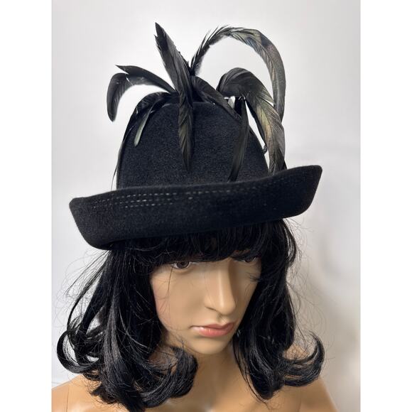 Vintage 50\'s Josephine Tripoli New York elegant Black Felt Hat with Feathers main image 8